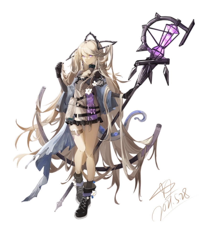 absurdly_long_hair absurdres arknights bad_id bad_lofter_id black_collar black_footwear black_gloves black_skirt black_socks blonde_hair blue_jacket boots brown_shirt collar commentary_request dated female full_body gloves hair_between_eyes headgear highres holding holding_staff id_card indigo_(arknights) infection_monitor_(arknights) jacket long_hair long_sleeves luan_teng microskirt off_shoulder open_clothes open_jacket purple_eyes shirt simple_background skirt socks solo staff standing very_long_hair white_background