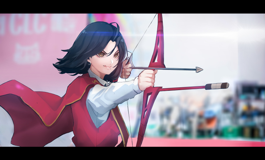 absurdres aiming animification black_hair blurry blurry_background bow_(weapon) cape chaeyoung_(twice) collared_shirt commentary cowlick eyeshadow female floating_cape floating_hair highres holding holding_bow_(weapon) holding_weapon k-pop letterboxed licking_lips makeup medium_hair mole mole_under_mouth real_life red_cape red_eyeshadow red_vest shirt smile solo tongue tongue_out twice_(group) vest vuxer weapon white_shirt