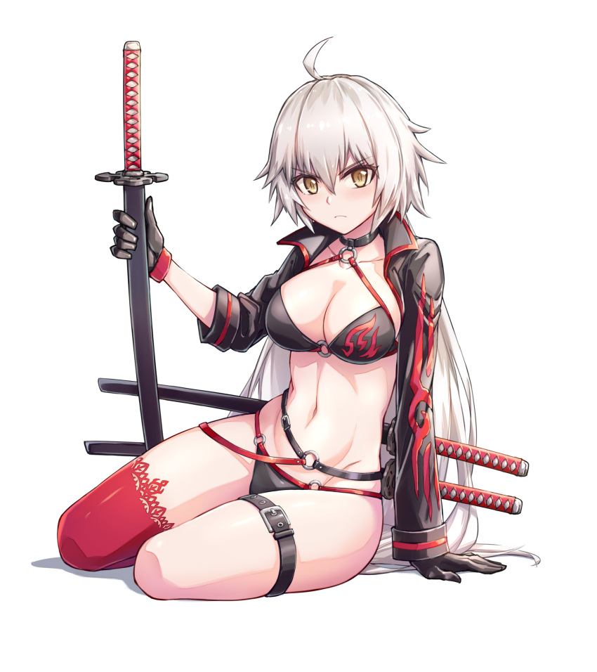 absurdres ahoge bikini black_bikini black_choker black_gloves black_jacket breasts choker cropped_jacket fate/grand_order fate_(series) female fish.boy gloves grey_hair highres jacket jeanne_d'arc_alter_(fate) jeanne_d'arc_alter_(swimsuit_berserker)_(fate) katana large_breasts long_hair navel o-ring o-ring_bikini o-ring_bottom o-ring_top red_thighhighs short_sleeves shrug_(clothing) single_thighhigh solo swimsuit sword thigh_strap thighhighs very_long_hair weapon yellow_eyes