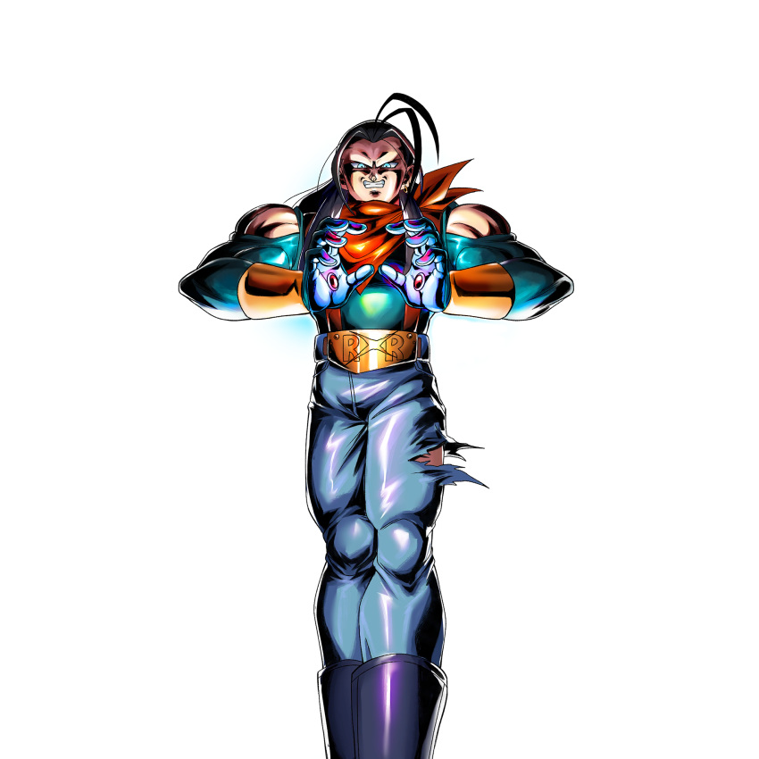 1boy bandana bare_shoulders belt black_hair blue_eyes boots commentary denim dragon_ball dragon_ball_gt dragon_ball_legends english_commentary evil_grin evil_smile extraction gloves grin hair_slicked_back highres jeans long_hair long_sleeves looking_at_viewer male_focus neckerchief official_art orb pants pose red_ribbon red_ribbon_army ribbon smile solo super_android_17 third-party_source torn_clothes transparent_background vest