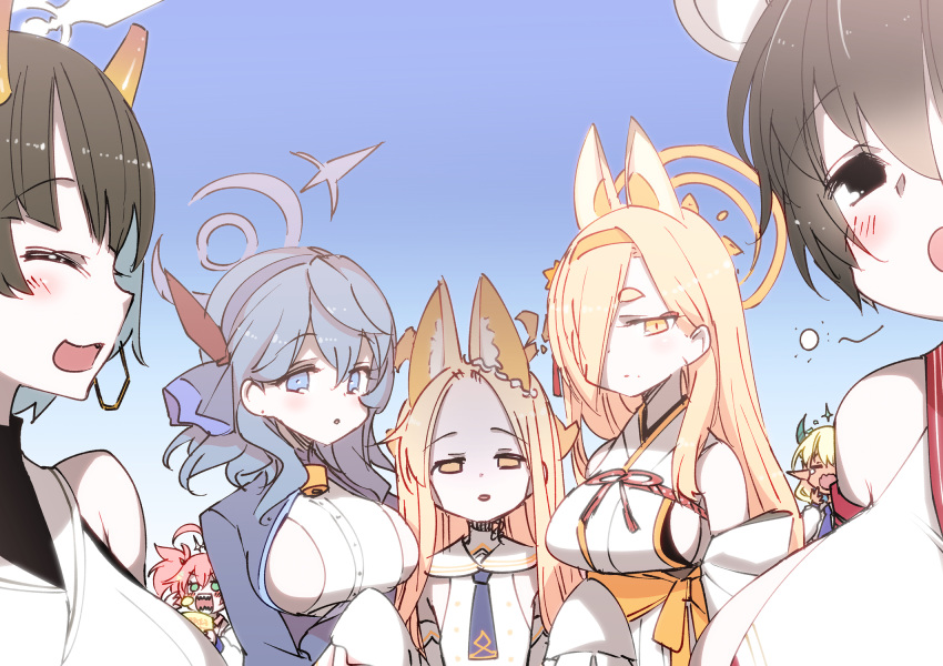 6+girls :d ako_(blue_archive) animal_ears aqua_eyes black_eyes black_hair blonde_hair blue_archive blue_eyes blue_hair blush breasts broken_horn dark-skinned_female dark_skin empty_eyes eyeliner hair_over_one_eye hairband halo highres hitotose_rin horns japanese_clothes kaho_(blue_archive) looking_at_viewer makeup miko mole mole_under_mouth momoka_(blue_archive) multiple_girls necktie niya_(blue_archive) open_mouth pink_hair school_uniform seia_(blue_archive) serafuku sharp_teeth sideboob sideless_shirt smile squeans sumomo_(blue_archive) teeth tsubaki_(blue_archive) yawning yellow_eyes