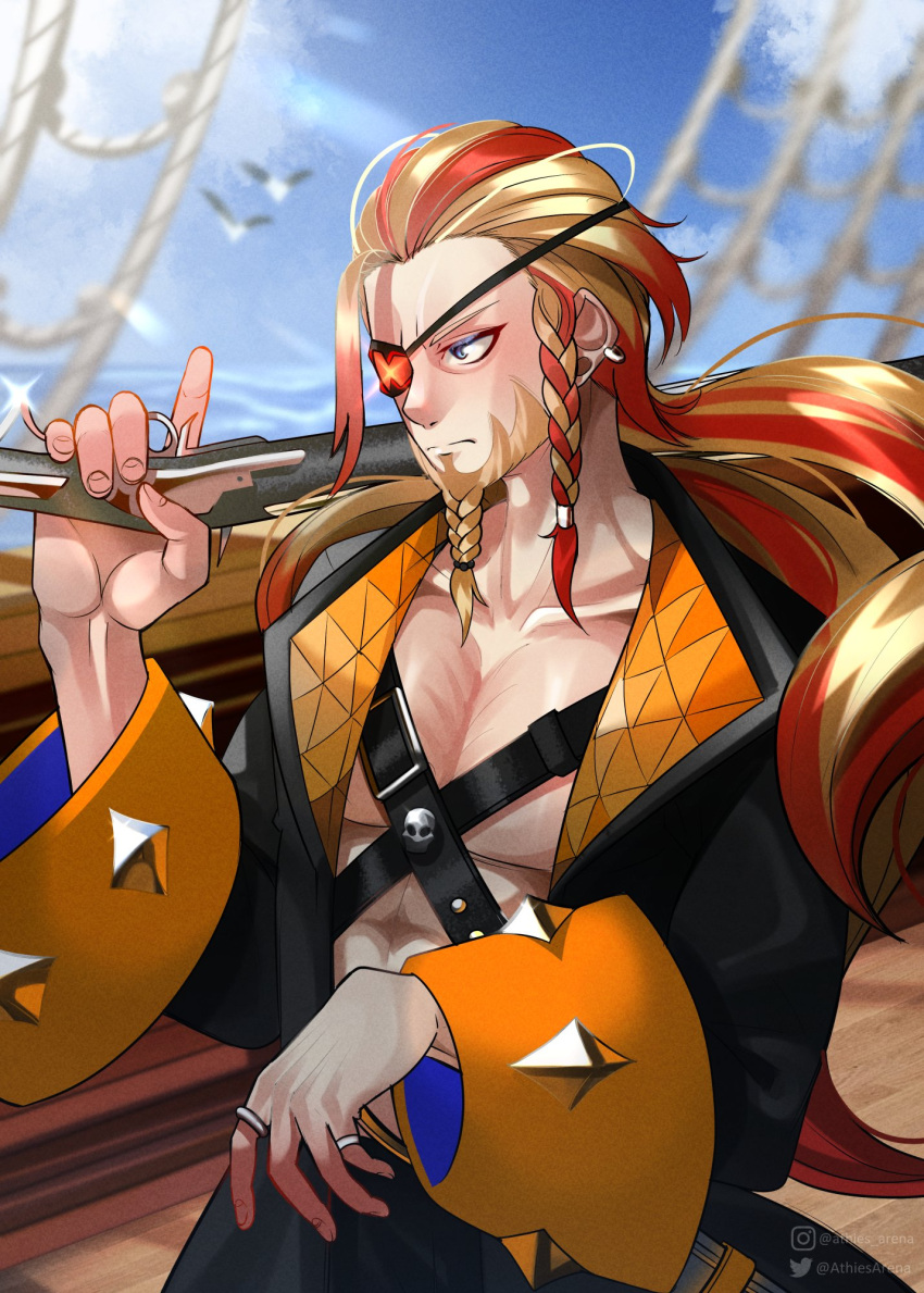 1boy athies axel_syrios beard bird blonde_hair braid collarbone commentary english_commentary eyepatch facial_hair gun highres holostars holostars_english jacket jewelry long_hair multicolored_hair open_clothes open_jacket pirate pirate_costume red_hair rigging ring streaked_hair virtual_youtuber weapon