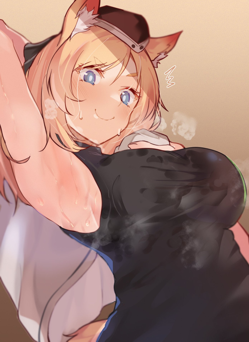 animal_ears arito_arayuru arknights arm_up armpits black_hat black_shirt blonde_hair blue_eyes breasts closed_mouth female garrison_cap hat highres horse_ears horse_girl horse_tail large_breasts long_hair looking_at_viewer shirt sleeveless sleeveless_shirt smile solo steam sweat tail upper_body whislash_(arknights)