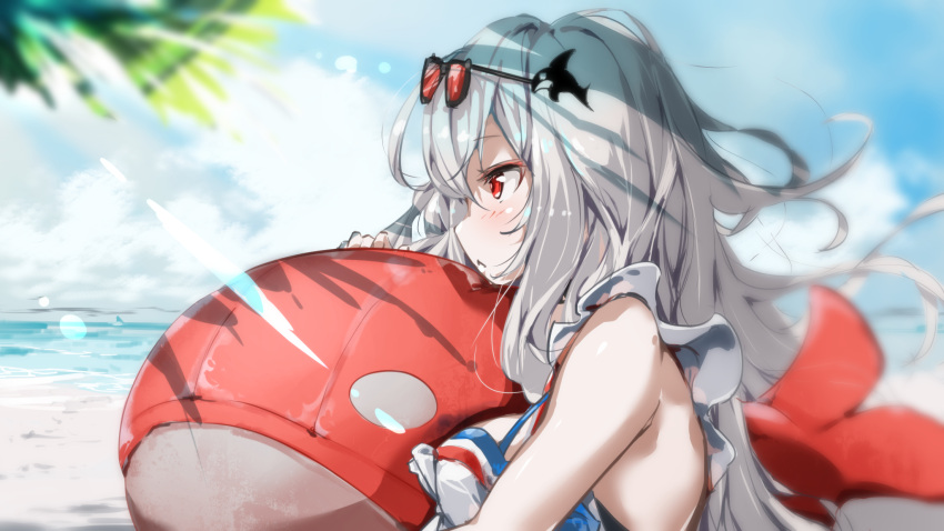 arknights bare_shoulders beach breasts commentary_request eyewear_on_head female from_side grey_hair hair_ornament hellnyaa highres holding holding_toy inflatable_orca inflatable_toy long_hair medium_breasts no_headwear off-shoulder_shirt off_shoulder official_alternate_costume outdoors red_eyes shirt short_sleeves skadi_(arknights) skadi_(waverider)_(arknights) solo sunglasses swimsuit toy upper_body whale_hair_ornament white_shirt