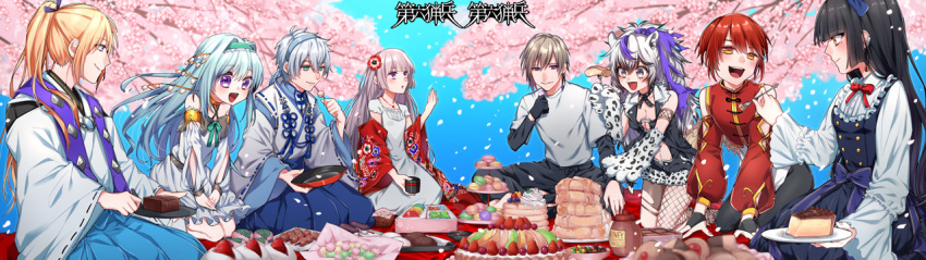 4boys 4girls :d animal_ears black_dress black_gloves black_hair blonde_hair blue_hair cake cake_slice candy checkerboard_cookie cherry_blossoms china_dress chinese_clothes cookie copyright_name daifuku dairoku_ryouhei dango dress eating feeding fingerless_gloves flower food fork fruit_tart gloves hair_flower hair_ornament hanami headband honey ichigo_daifuku ikurikaito konpeitou light_blue_hair light_brown_hair long_sleeves looking_at_another macaron md5_mismatch multicolored_hair multiple_boys multiple_girls open_mouth outdoors pancake pancake_stack picnic ponytail purple_eyes purple_hair red_hair ribbon-trimmed_sleeves ribbon_trim sitting smile souffle_pancake stitched tart_(food) third-party_edit thumbprint_cookie tiered_tray two-tone_hair wagashi wariza white_hair wide_sleeves