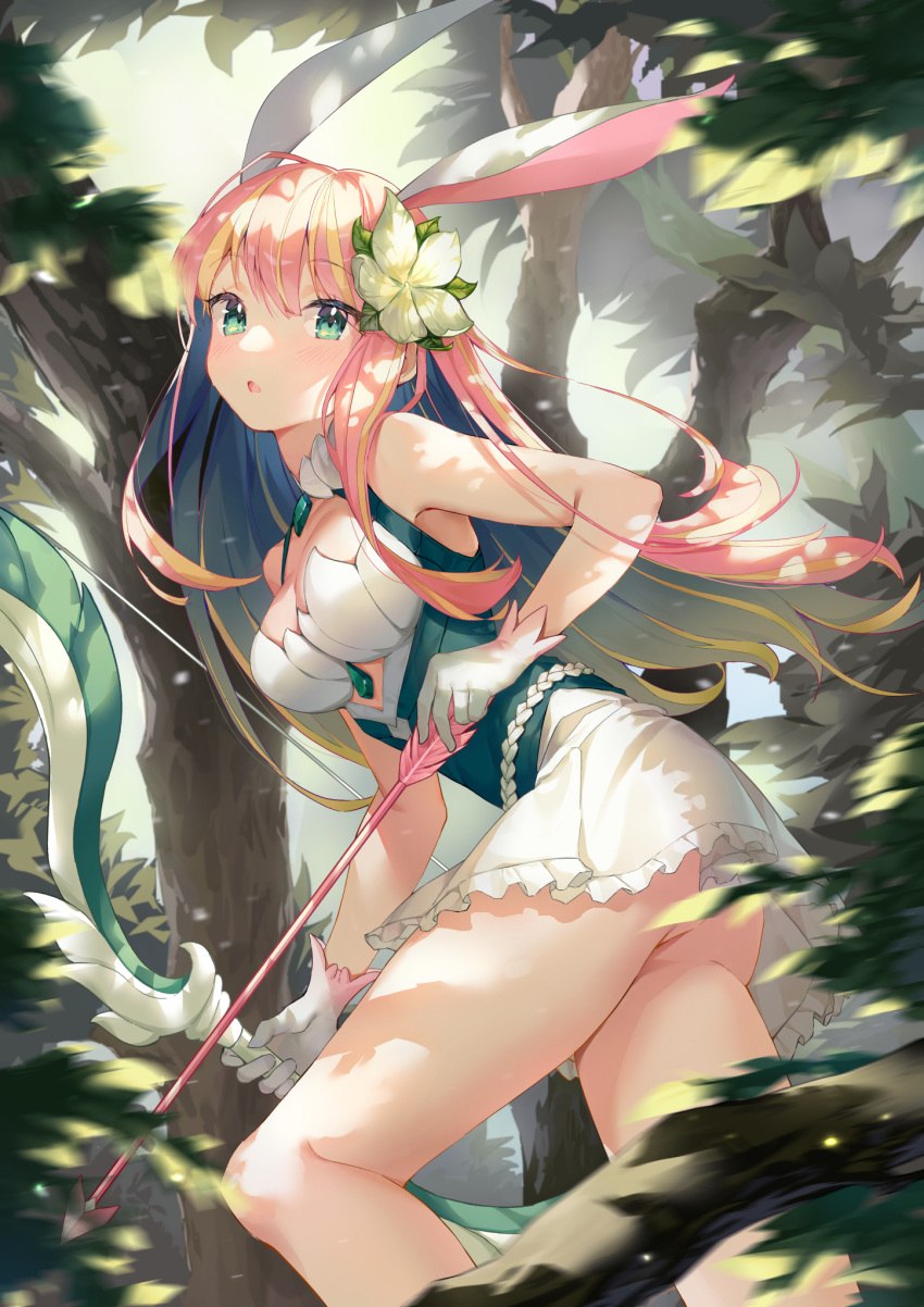 :o acco_(sh_in) afk_arena animal_ears arrow_(projectile) ass blonde_hair blue_hair blush bow_(weapon) breasts cleavage convenient_censoring cutout_above_navel dress female flower forest frills gloves green_eyes green_flower hair_flower hair_ornament highres leaf long_hair looking_at_viewer looking_back lyca_(afk_arena) medium_breasts multicolored_hair nature no_panties parted_lips pink_hair rabbit_ears solo thighs tree weapon white_gloves