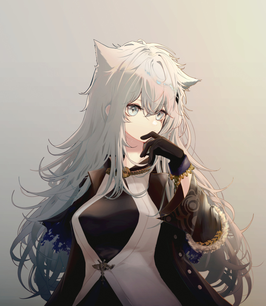 animal_ears arknights black_gloves black_jacket black_shirt blue_eyes breasts commentary expressionless extra_ears eyelashes female finger_to_face gloves grey_background hair_between_eyes highres jacket jewelry lappland_(arknights) lappland_(refined_horrormare)_(arknights) long_hair looking_to_the_side medium_breasts necklace official_alternate_costume open_clothes open_jacket runamonet scar scar_across_eye scar_on_face shirt skull_necklace solo upper_body weapon white_hair wolf_ears