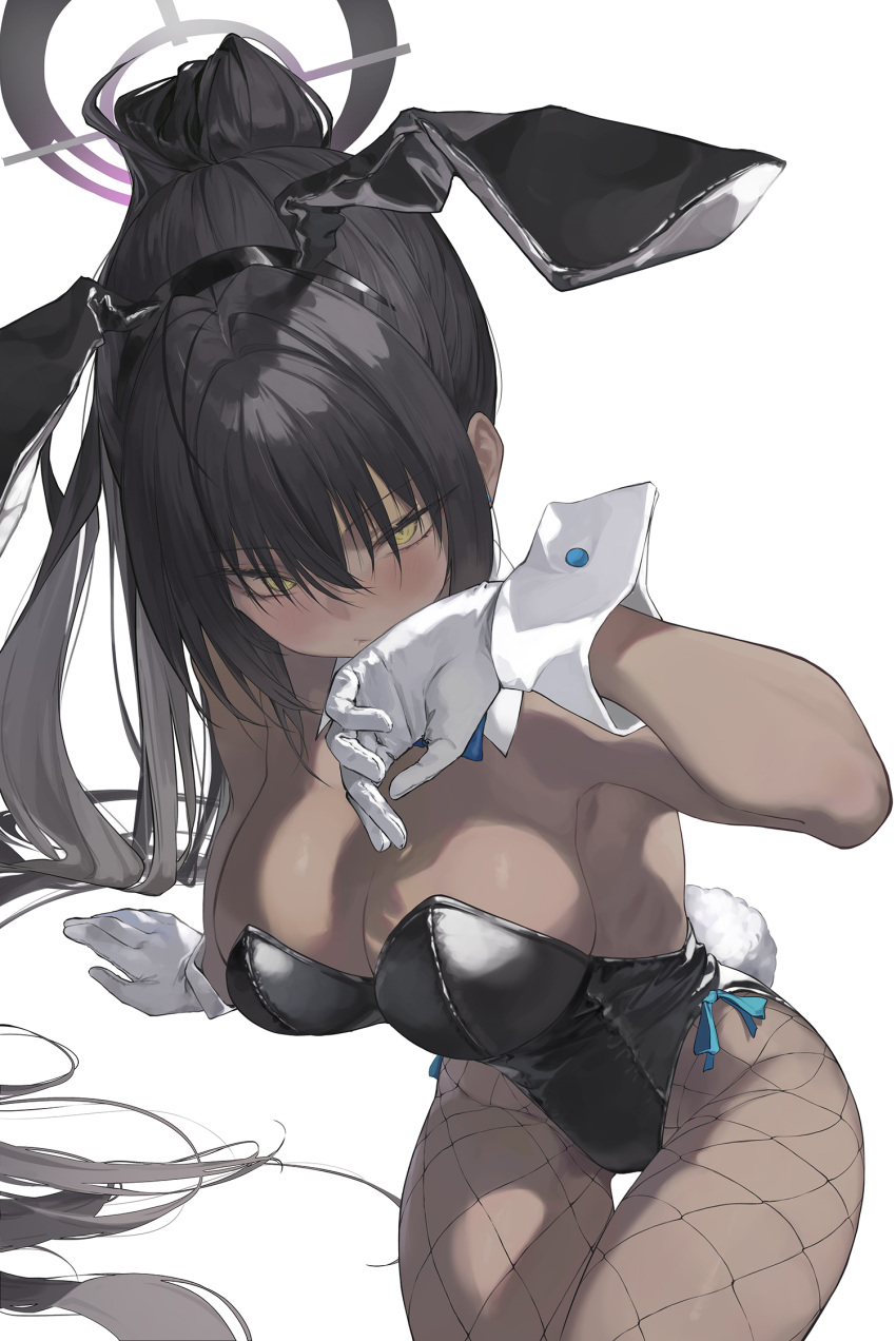 animal_ears bare_shoulders black_hair black_leotard blue_archive blush breasts commentary dark-skinned_female dark_skin detached_collar fake_animal_ears female fishnet_pantyhose fishnets gloves halo highres karin_(blue_archive) karin_(bunny)_(blue_archive) large_breasts leotard long_hair official_alternate_costume pantyhose playboy_bunny ponytail rabbit_ears rabbit_tail sideboob simple_background solo soya_(torga) strapless strapless_leotard tail very_long_hair white_background white_gloves yellow_eyes