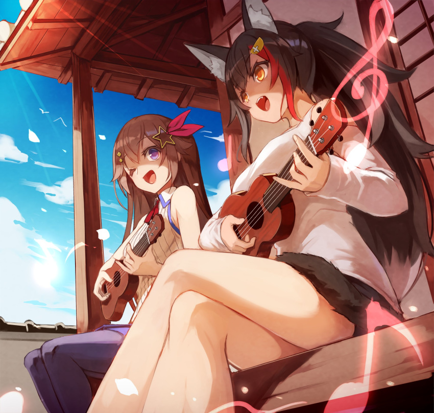 2girls animal_ears bare_legs blue_thighhighs brown_hair crossed_legs hair_ornament highres hololive instrument long_hair long_sleeves multicolored_hair multiple_girls ookami_mio ookami_mio_(casual) outdoors ponytail shirt sleeveless star_(symbol) star_hair_ornament streaked_hair sue_(bg-bros) tail_around_own_leg thighhighs tokino_sora treble_clef ukulele very_long_hair virtual_youtuber white_shirt wolf_ears yellow_eyes