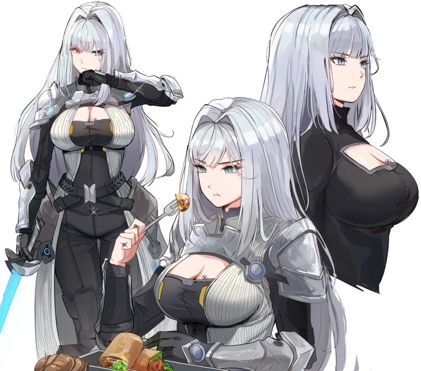 armor blue_eyes breast_tattoo breasts chewing cleavage cleavage_cutout clothing_cutout eating ethel_(xenoblade) female food grey_hair hair_intakes highres large_breasts long_hair multiple_views ormille shoulder_armor swallowing tattoo very_long_hair white_hair xenoblade_chronicles_(series) xenoblade_chronicles_3