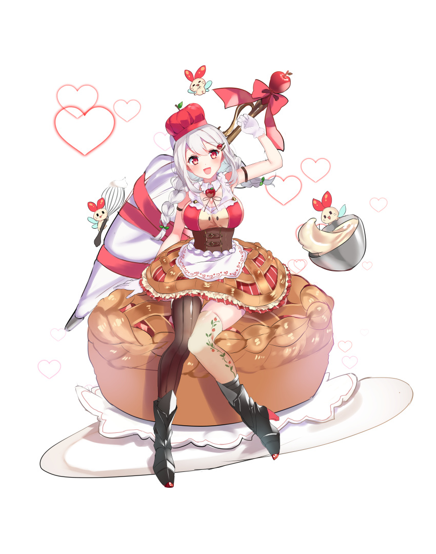 :d absurdres apple_hair_ornament apple_pie armband asymmetrical_legwear bad_id bad_pixiv_id black_footwear breasts brown_legwear cleavage dress female food food-themed_clothes food-themed_hair_ornament fruits_fulcute! gloves hair_ornament heart highres large_breasts long_hair mixing_bowl open_mouth personification pie print_thighhighs punya red_eyes red_headwear ringo_(fruits_fulcute!) sitting sleeveless smile solo thighhighs transparent_background uneven_legwear whisk white_gloves white_legwear