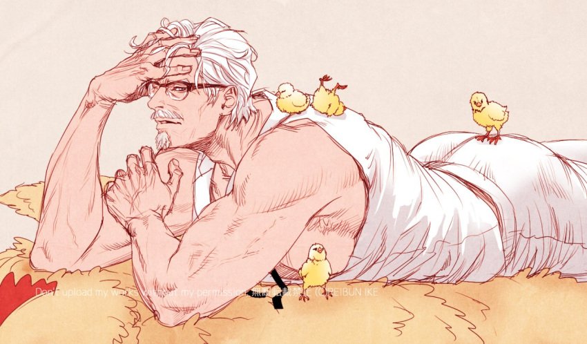 1boy animal bara beard bird chick colonel_sanders facial_hair glasses goatee hand_on_forehead i_reibun kfc looking_at_viewer lying male_focus mature_male moustache muscular muscular_male on_stomach pants short_hair solo too_many too_many_chicks vest white_hair white_pants white_vest