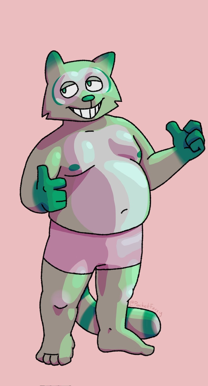 4_fingers 4_toes anthro bent_arm bottomwear clothing digital_media_(artwork) english_text feet fingers fred_(fredrick_brennan) fur gesture green_body green_fur hand_gesture hi_res male mammal navel nipples overweight overweight_male pocketfurry procyonid raccoon shaded shorts simple_background slightly_chubby slightly_chubby_anthro slightly_chubby_male smile solo standing teeth text thumbs_up toes