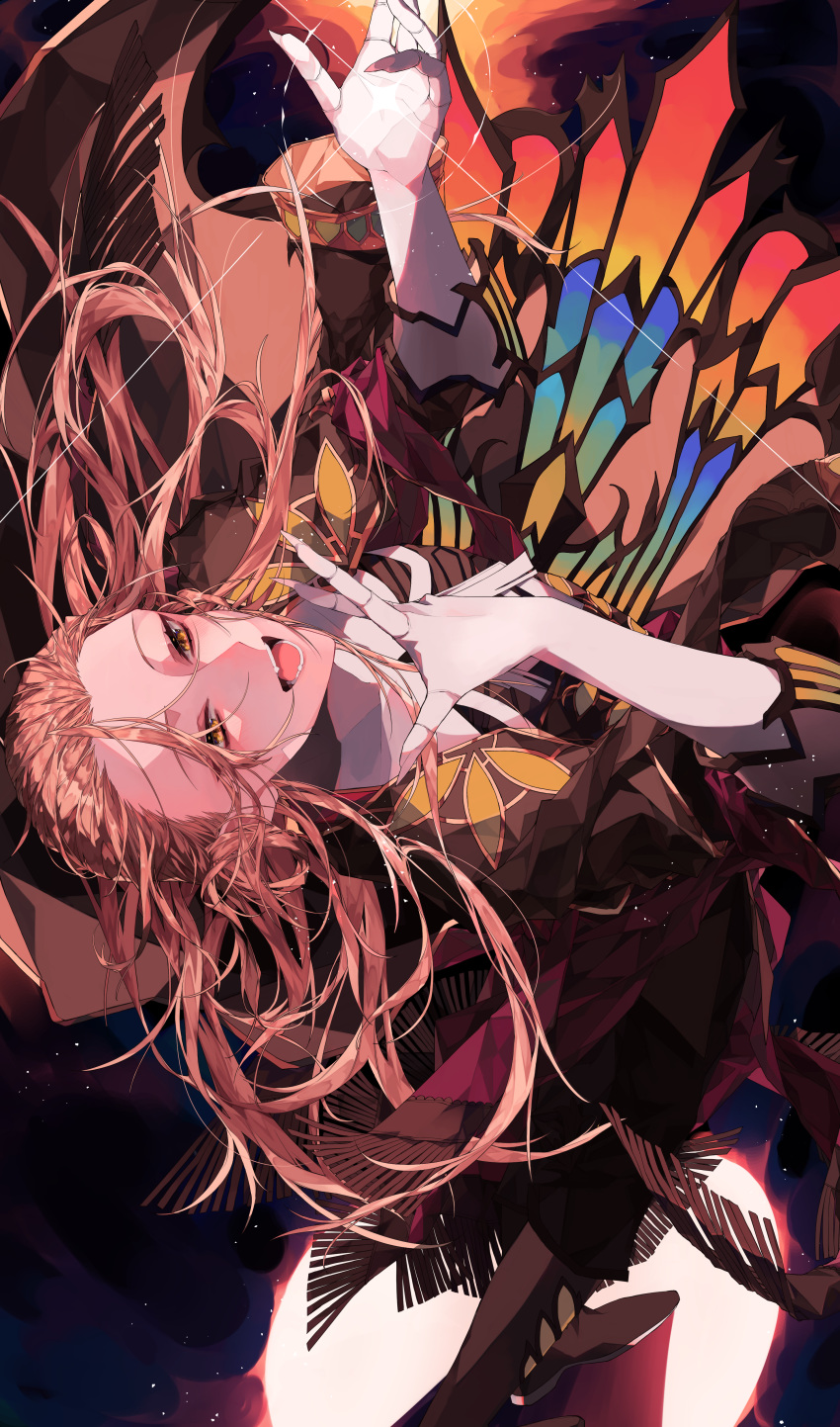 1boy absurdres bishounen blonde_hair falling fate/grand_order fate_(series) formal gloves green_eyes high_collar highres leaning_back long_hair long_sleeves male_focus mizuki_(mz) music no_headwear open_hand open_mouth singing smile solo very_long_hair white_gloves wolfgang_amadeus_mozart_(fate)