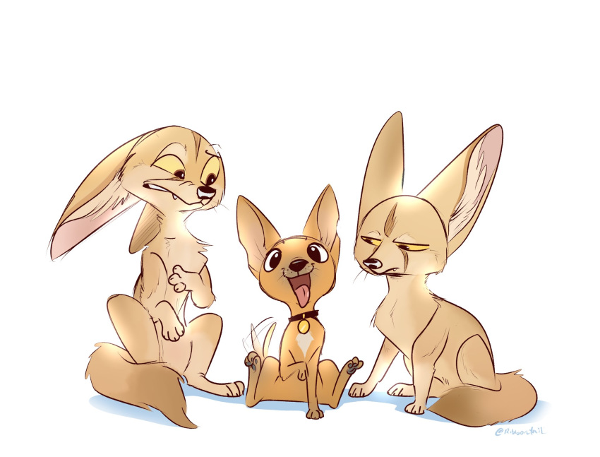 2018 ambiguous_gender brown_body brown_fur canid canine canis chihuahua collar domestic_dog ears_back fennec_fox feral fox fur group hi_res looking_at_another mammal open_mouth open_smile pivoted_ears ribbontini simple_background sitting smile tail tail_motion tailwag tan_body tan_fur tongue tongue_out toy_dog true_fox white_background