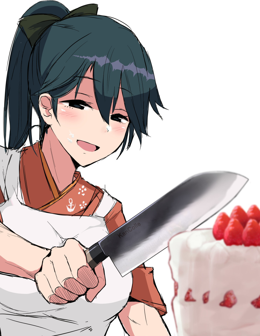 absurdres anchor_print apron black_eyes black_hair blue_hair blush breasts brown_eyes cake commentary_request female floral_print food hair_ribbon highres holding holding_knife houshou_(kancolle) japanese_clothes kantai_collection kihou_no_gotoku_dmc kimono kitchen_knife knife long_hair meme open_mouth parody pink_kimono ponytail ribbon santoku_knife simple_background smile solo strawberry_shortcake tsukiji_uogashi_sandaime upper_body white_apron white_background