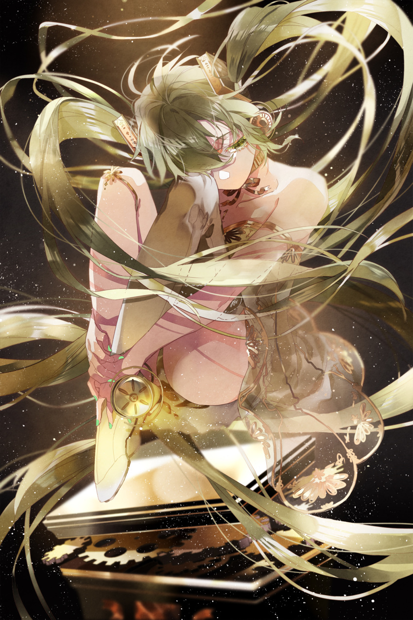 alternate_hair_color armlet bare_shoulders black_background blurry breasts brown_ribbon collarbone colored_eyelashes commentary dress eyelashes female gears gold gold_choker gold_trim gramophone_miku green_dress green_eyes green_hair green_nails hair_between_eyes hair_over_one_eye hatsune_miku highres hugging_own_legs knees_up light_particles long_hair looking_down miku_symphony_(vocaloid) neck_ribbon one_eye_covered reika_(iamreika) ribbon single_thighhigh sitting small_breasts solo strapless strapless_dress thighhighs thighs twintails very_long_hair vocaloid