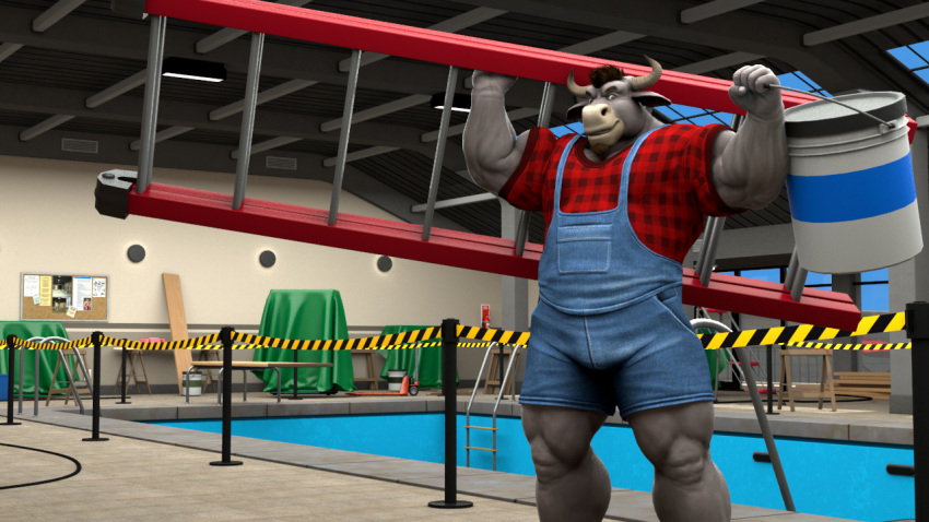 16:9 2_horns 3d_(artwork) anthro barrier blue_clothing blue_overalls bovid bovine braford brown_hair bucket bulletin_board cable cattle clothing container denim denim_clothing digital_media_(artwork) english_text facial_hair flexing flexing_bicep goatee green_tarp hair holding_bucket holding_container holding_ladder holding_object horn house_of_beef jack_(braford) ladder looking_at_viewer male mammal muscular muscular_anthro muscular_male muscular_thighs overalls pattern_clothing pattern_shirt pattern_topwear plaid plaid_clothing plaid_shirt plaid_topwear pool pool_ladder red_clothing red_shirt red_topwear shirt solo tarp text topwear wall_lighting widescreen window_sill wooden_plank