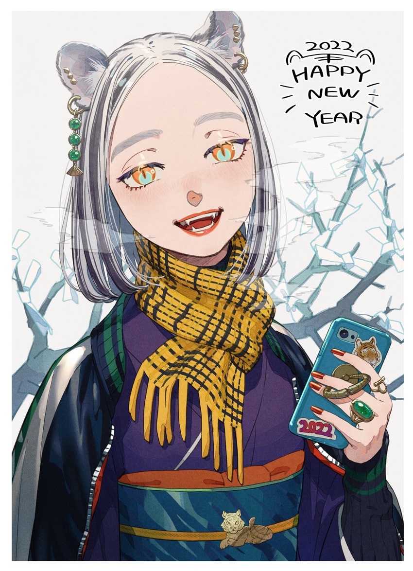 2022 :d aburage_(motimotigg20) animal_ears blue_eyes blush cellphone chinese_zodiac ear_piercing fangs female grey_hair half-closed_eyes happy_new_year highres holding holding_phone jacket jacket_on_shoulders japanese_clothes jewelry kimono multicolored_eyes multicolored_hair nail_polish open_mouth orange_eyes original outdoors parted_bangs phone piercing red_nails ring scarf smartphone smile solo sticker streaked_hair tiger_ears tiger_girl tree white_hair year_of_the_tiger