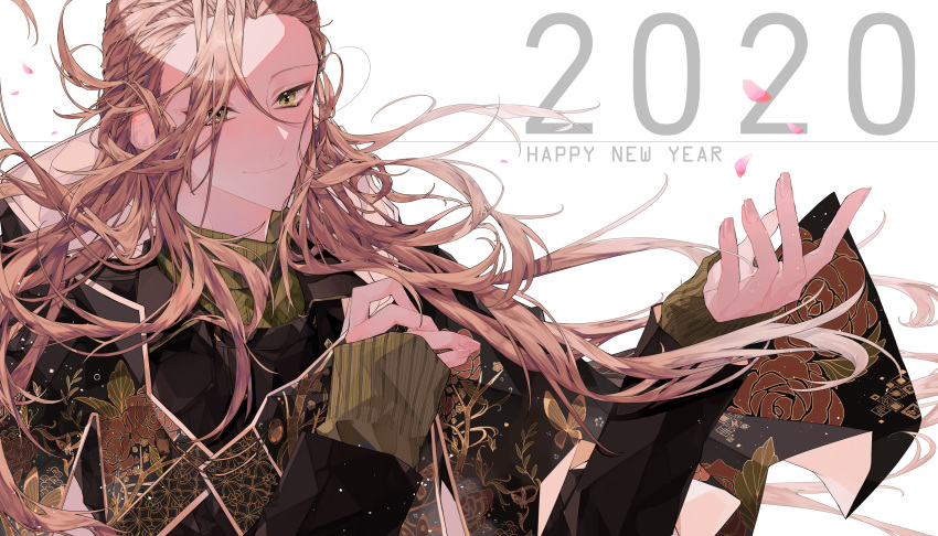 1boy 2020 absurdres alternate_costume bishounen blonde_hair collared_shirt english_text fate/grand_order fate_(series) formal green_eyes happy_new_year highres long_hair long_sleeves male_focus mizuki_(mz) new_year no_headwear shirt smile upper_body very_long_hair wolfgang_amadeus_mozart_(fate)