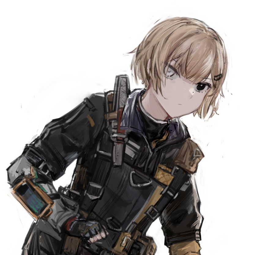 bad_id bad_pixiv_id black_eyes commentary_request female girls'_frontline hair_ornament hairclip heterochromia highres light_brown_hair looking_at_viewer mg338_(girls'_frontline) qiujiao short_hair solo tactical_clothes upper_body white_background white_eyes