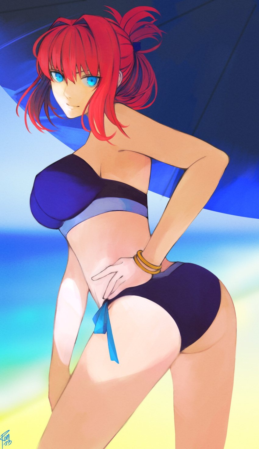 aozaki_aoko ass beach bikini blue_bikini blue_eyes blurry blurry_background breasts closed_mouth commentary female hair_between_eyes hair_intakes hand_on_own_hip highres jewelry large_breasts looking_at_viewer mahou_tsukai_no_yoru melty_blood melty_blood:_type_lumina moedredd official_alternate_costume official_alternate_hairstyle parasol sand signature smile solo swimsuit tsukihime tsukihime_(remake) umbrella water