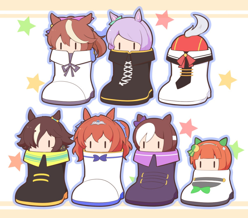 6+girls animal_ears black_footwear blunt_bangs boots bow brown_hair chibi commentary cross-laced_footwear daiwa_scarlet_(umamusume) ear_bow ear_covers ear_ornament gold_ship_(umamusume) gomashio_(goma_feet) goomba's_shoe hair_ornament hairband high_ponytail horse_ears horse_girl horse_tail in_boots in_shoe lace-up_boots light_brown_hair long_hair mejiro_mcqueen_(umamusume) multicolored_hair multiple_girls orange_hair pink_bow purple_footwear purple_hair silence_suzuka_(umamusume) special_week_(umamusume) streaked_hair tail tail_through_clothes tiara tokai_teio_(umamusume) twintails two-tone_hair umamusume vodka_(umamusume) white_footwear white_hair |_|