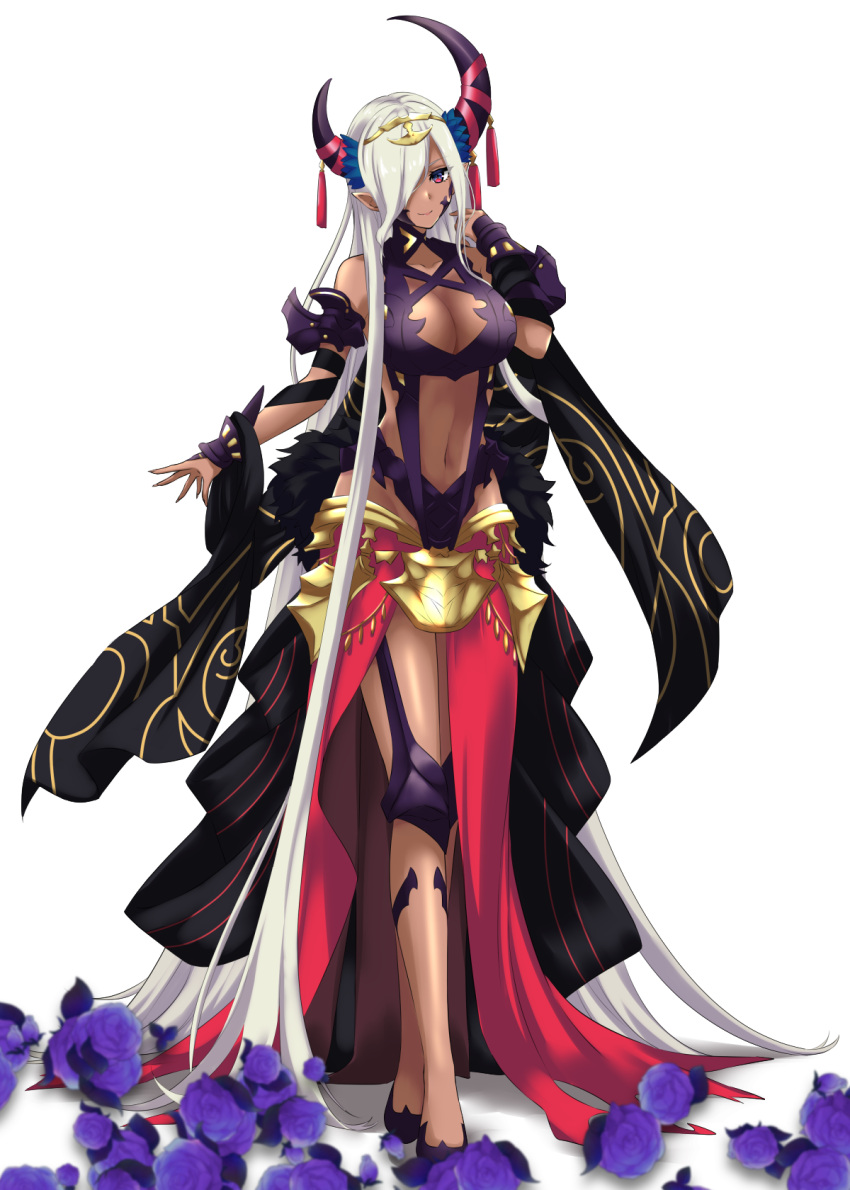 absurdly_long_hair asymmetrical_horns bare_shoulders blue_eyes breasts cleavage dark-skinned_female dark_skin dragon_girl dress female fire_emblem fire_emblem_engage hair_ornament hair_over_one_eye halterneck highres horns kakiko210 large_breasts long_hair looking_at_viewer mature_female multicolored_eyes navel pointy_ears purple_eyes purple_ribbon red_eyes revealing_clothes ribbon smile solo tan tassel tassel_hair_ornament thighs uneven_horns very_long_hair white_hair zephia_(fire_emblem)