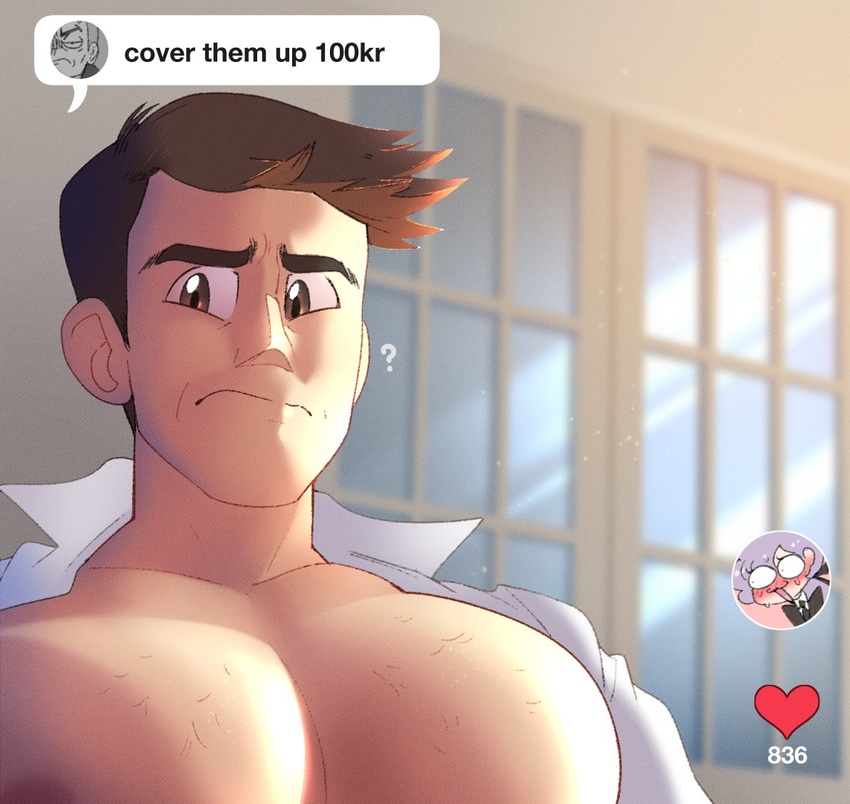 1boy ? anabel_(pokemon) bara blurry blurry_background brown_eyes brown_hair chest_hair closed_mouth commentary cover_them_up_slut_(meme) dialogue_box frown heart indoors large_pectorals looker_(pokemon) male_focus meme muscular muscular_male nanu_(pokemon) pectoral_focus pectorals pokemon pokemon_sm short_hair split_mouth tiktok topless_male upper_body user_interface vergolophus