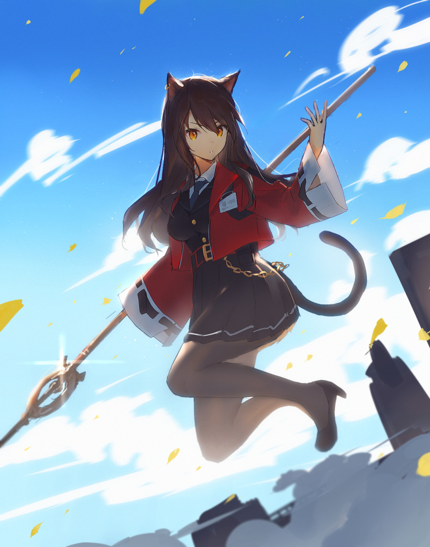 animal_ears arknights banxuan_c2ka black_dress black_footwear black_hair black_pantyhose blue_sky breasts cat_ears cat_tail chains chinese_commentary cloud commentary_request day dress female high_heels highres jacket long_hair long_sleeves looking_at_viewer medium_breasts necktie open_clothes open_jacket outdoors pantyhose partial_commentary red_jacket short_dress sky skyfire_(arknights) solo staff tail wide_sleeves yellow_eyes