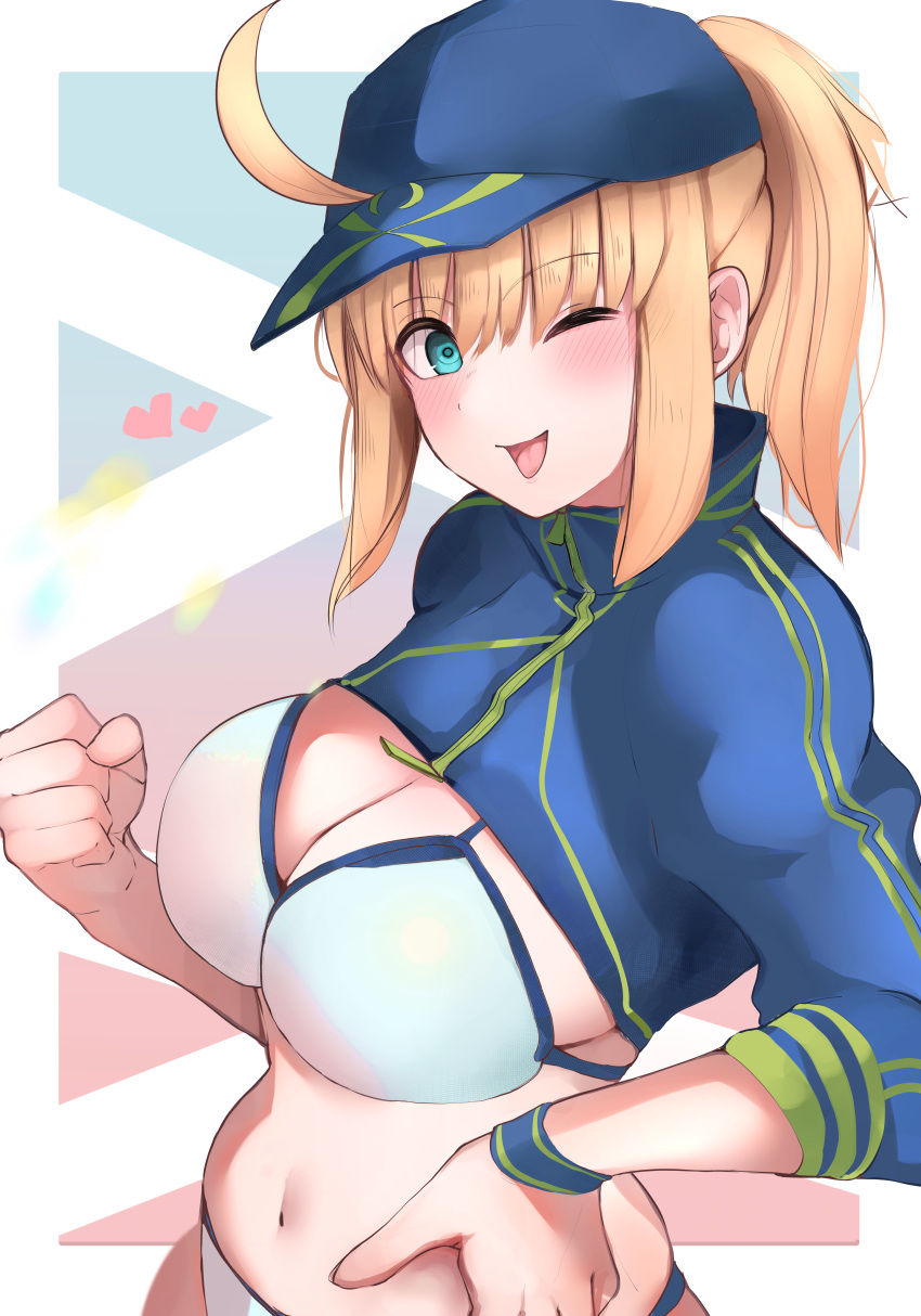 absurdres ahoge artoria_pendragon_(fate) baseball_cap bikini blonde_hair blue_eyes blue_hat blue_jacket blush breasts cleavage cropped_jacket fate/grand_order fate_(series) female hair_between_eyes hair_through_headwear hat highres jacket large_breasts long_hair long_sleeves looking_at_viewer masini-mashini615 mysterious_heroine_xx_(fate) navel one_eye_closed open_mouth ponytail shrug_(clothing) sidelocks smile solo swimsuit white_bikini wristband