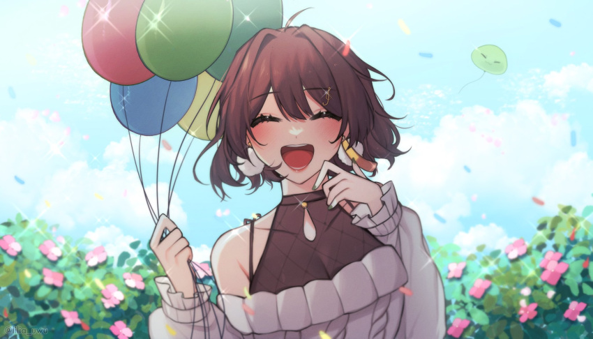 ^_^ balloon blush breasts cleavage closed_eyes collarbone english_commentary female flower grey_sweater hair_ornament halterneck highres holding holding_balloon lilia_(lilia_uwu) medium_breasts miori_celesta miori_celesta_(2nd_costume) mogu_(miori_celesta) musical_note musical_note_hair_ornament off-shoulder_sweater off_shoulder official_alternate_costume outdoors pink_flower short_hair solo sparkle sweater treble_clef tsunderia virtual_youtuber