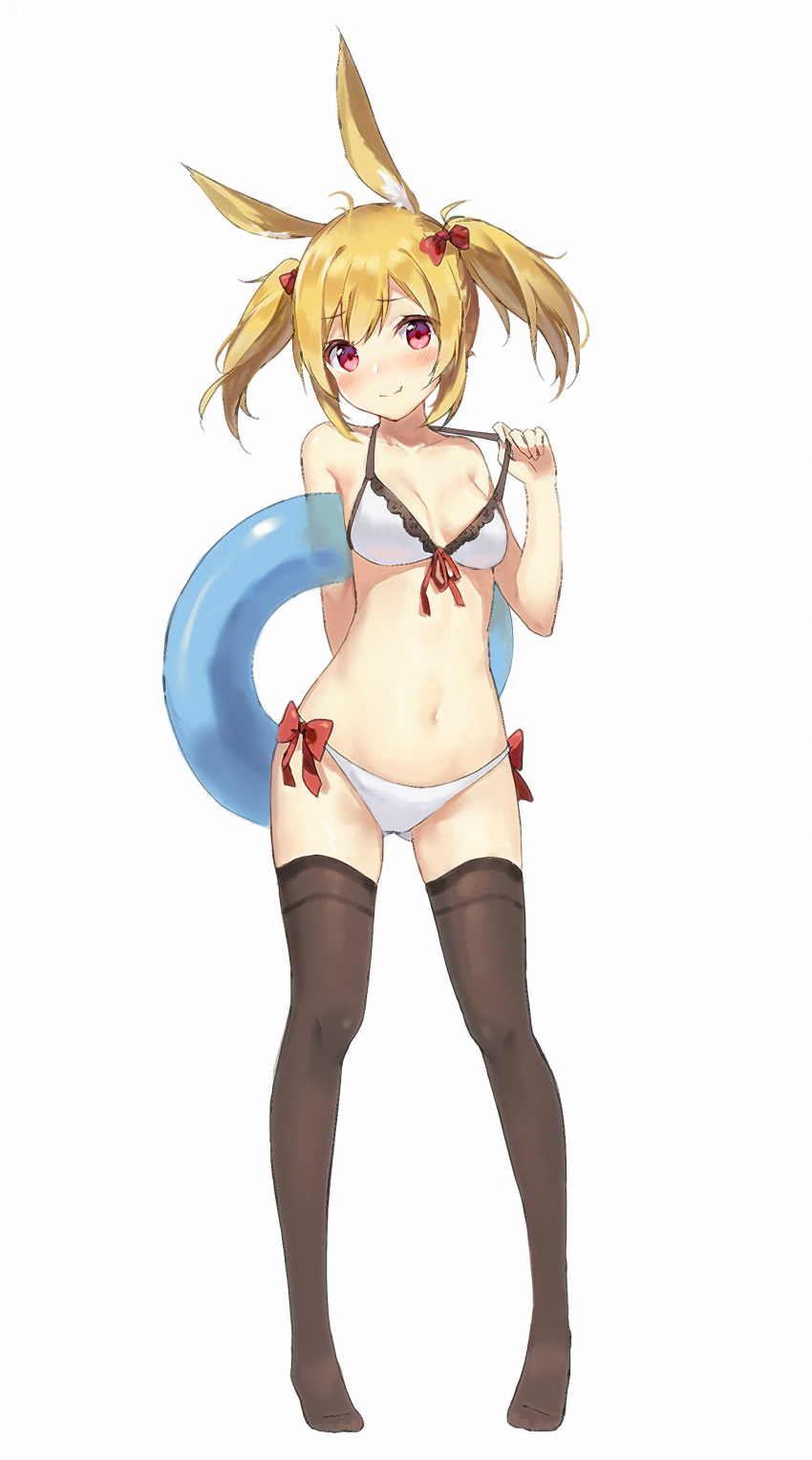 absurdres animal_ears arknights arm_behind_back banxuan_c2ka bare_arms bare_shoulders bikini black_thighhighs blonde_hair blush bow breasts female full_body hairbow hand_up head_tilt highres innertube medium_breasts navel no_shoes official_alternate_costume rabbit_ears red_bow red_eyes short_hair simple_background solo sora_(arknights) sora_(elite_ii)_(arknights) sora_(summer_flowers)_(arknights) standing stomach strap_pull swim_ring swimsuit thighhighs thighs twintails white_background white_bikini