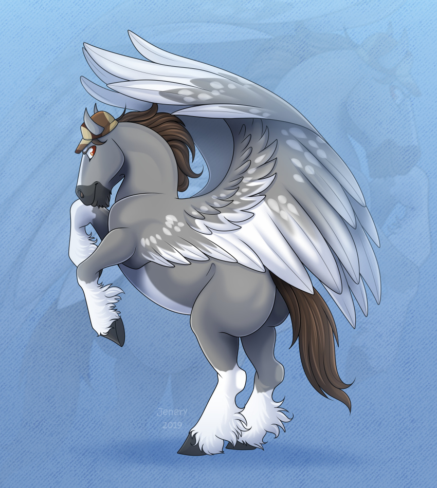 absurd_res ass brown_eyes brown_hair dallas_prairiewind equid equine feral grey_body hair hi_res hooves jenery looking_at_viewer male mammal markings military_hat mythological_creature mythological_equine mythology on_hind_legs pegasus rear_view solo white_markings wings