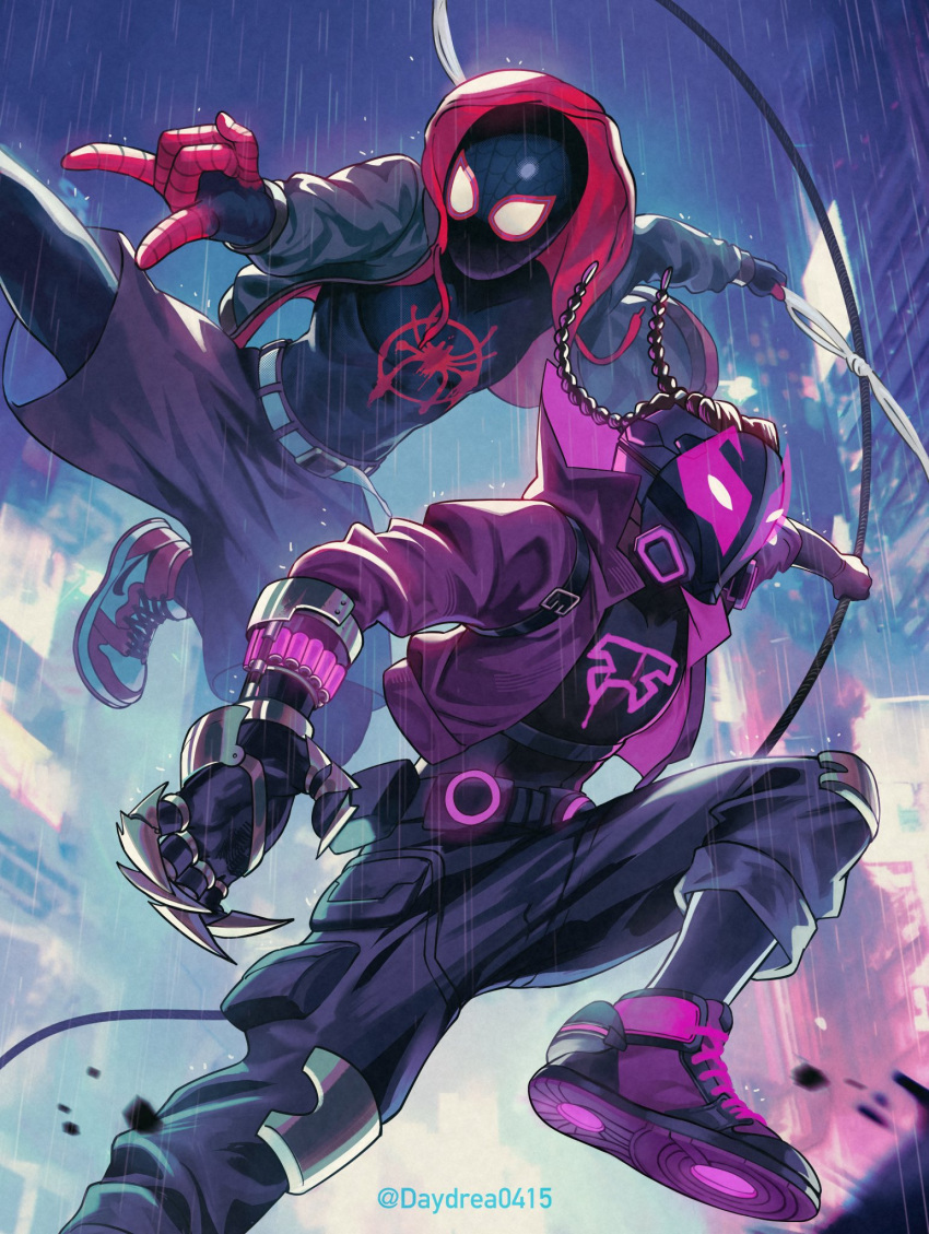 2boys \n/ bodysuit bodysuit_under_clothes claw_(weapon) day_dream dreadlocks dual_persona highres jacket marvel mask miles_g._morales miles_morales multiple_boys prowler_(marvel) purple_jacket shoes shorts silk sneakers spider-man:_across_the_spider-verse spider-man_(miles_morales) spider-man_(series) spider-verse spider_web spoilers twitter_username weapon