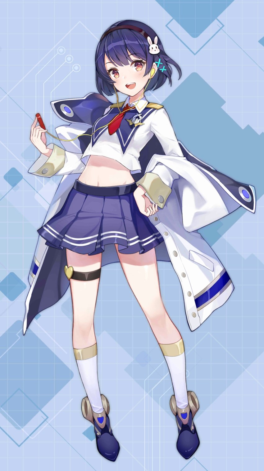 :d black_hair blue_skirt breasts collared_shirt crop_top crop_top_overhang earphones female full_body girl_cafe_gun hairband highres iritoa jacket kneehighs long_sleeves looking_at_viewer midriff miniskirt navel necktie off_shoulder official_art open_clothes open_jacket open_mouth pleated_skirt red_eyes shi_wuyou shirt shoes short_hair short_necktie skirt small_breasts smile socks solo standing thigh_strap thighs white_jacket white_shirt white_socks