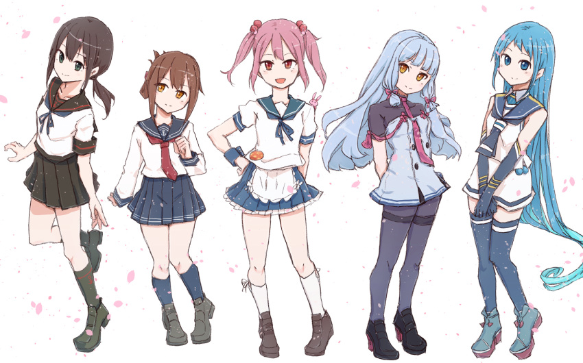 5girls anchor_symbol apron bad_id bad_twitter_id black_gloves black_hair black_pantyhose black_sailor_collar black_skirt black_socks black_thighhighs blue_eyes blue_hair blue_neckwear brown_eyes brown_hair elbow_gloves folded_ponytail frilled_skirt frills fubuki_(kancolle) fubuki_kai_ni_(kancolle) full_body gloves gradient_hair grey_hair hair_bobbles hair_ornament hair_ribbon highres inazuma_(kancolle) kantai_collection kneehighs loafers long_hair long_sleeves low_ponytail mikiki multicolored_hair multiple_girls murakumo_(kancolle) murakumo_kai_ni_(kancolle) neckerchief necktie orange_eyes pantyhose pink_hair pleated_skirt ponytail puffy_short_sleeves puffy_sleeves red_eyes red_necktie ribbon sailor_collar samidare_(kancolle) sazanami_(kancolle) sazanami_kai_(kancolle) school_uniform serafuku shirt shoes short_hair short_ponytail short_sleeves sidelocks skirt sleeveless sleeveless_shirt socks standing swept_bangs thighband_pantyhose thighhighs tress_ribbon twintails very_long_hair waist_apron white_apron white_legwear wrist_cuffs