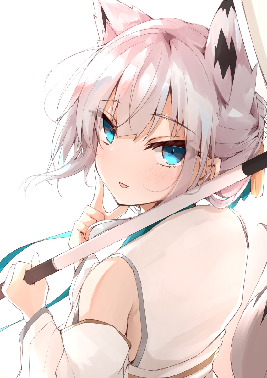 absurdres animal_ears azur_lane blue_eyes crossed_bangs extra_ears female fox_ears fox_girl highres japanese_clothes kawakaze_(azur_lane) kawakaze_(unsullied_white_fox)_(azur_lane) kimono looking_at_viewer obi official_alternate_costume oil-paper_umbrella ribbon-trimmed_clothes ribbon_trim ryou_(ryo_217cafe) sash standing umbrella white_hair white_kimono white_umbrella wide_sleeves