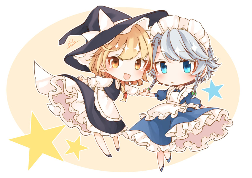 2girls :d apron back_bow bad_id bad_twitter_id black_headwear black_skirt black_vest blonde_hair blue_dress blue_eyes bow braid chibi commentary_request dress eyelashes frilled_apron frills hair_ribbon hat hat_bow hat_ribbon highres holding_hands izayoi_sakuya kirisame_marisa long_hair long_sleeves looking_at_viewer maid_apron multiple_girls open_mouth petticoat puffy_sleeves red_ribbon ribbon sash short_hair sidelocks signature skirt smile souta_(karasu_no_ouchi) sparkle star_(symbol) touhou tress_ribbon twin_braids vest waist_apron white_apron white_bow white_ribbon white_sash witch_hat yellow_eyes