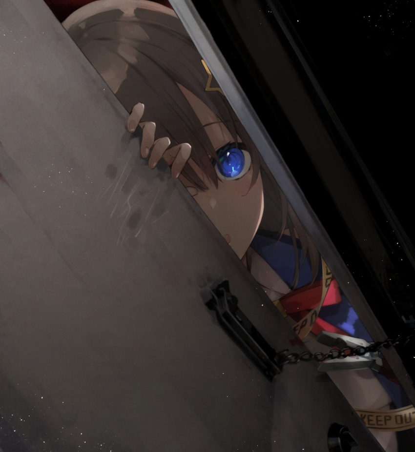 blood blood_on_wall blue_eyes blue_jacket brown_hair caution_tape chains commentary_request doorway dutch_angle female fingernails hair_between_eyes hair_flaps hair_ornament handprint highres hololive horror_(theme) jacket kase_(kurimuzone_oruta) keep_out long_hair looking_at_viewer neck_ribbon open_door open_mouth pliers red_ribbon ribbon shirt smile solo star_(symbol) star_hair_ornament tokino_sora tokino_sora_(1st_costume) upper_body virtual_youtuber white_shirt yandere