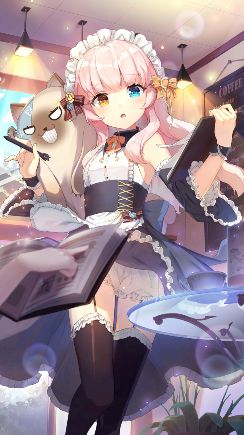 alternate_costume apron armpits bare_shoulders black_dress black_legwear bloomers blue_eyes blurry book bow bowtie ceiling_light criin depth_of_field detached_sleeves dress eksistere_kyrenia enmaided female flat_chest frilled_dress frills garter_straps girl_cafe_gun heterochromia highres holding indoors long_hair looking_at_viewer maid maid_apron maid_headdress official_art orange_eyes parted_lips pen pink_hair solo stuffed_animal stuffed_cat stuffed_toy table thighhighs underbust underwear wide_sleeves wrist_cuffs