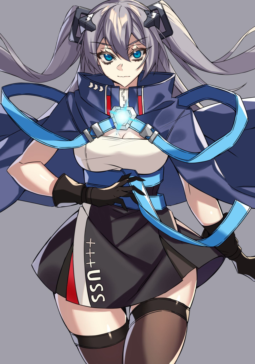 azur_lane black_dress black_gloves black_thighhighs blue_cloak blue_eyes breasts cleavage cloak closed_mouth commentary_request cowboy_shot dress female gloves glowing grey_background grey_hair hair_between_eyes hair_ornament high_collar highres intrepid_(azur_lane) long_hair looking_at_viewer medium_breasts mole mole_on_breast ouka_(sakura_oinari) short_dress sidelocks simple_background skindentation solo standing strapless strapless_dress thighhighs two_side_up very_long_hair zettai_ryouiki