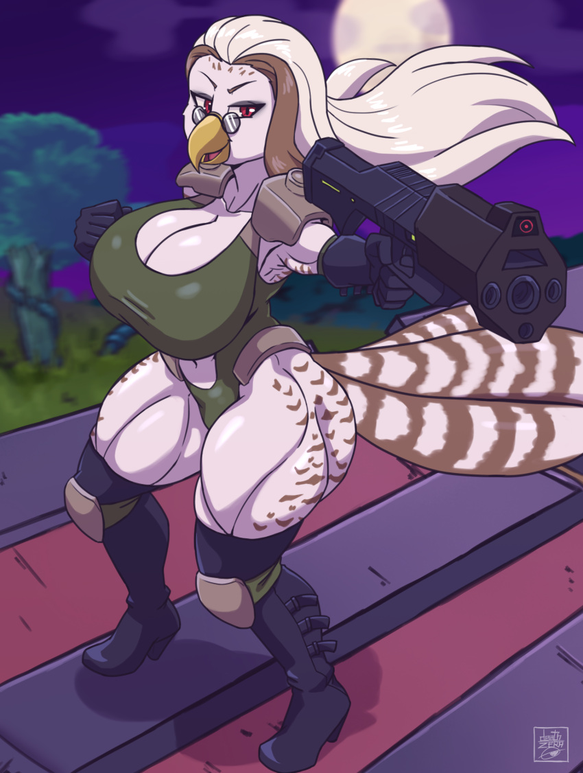 anthro armor assimilated_tree avian big_breasts bird boots breasts buckshot_berlin cleavage clothed clothing deathzera eyewear falcon falconid female footwear full_moon gun gyrfalcon hi_res high_heeled_boots high_heels highlights_(coloring) huge_breasts knee_boots knee_highs knee_pads legwear leotard moon pauldron ranged_weapon rifle shotgun solo sunglasses train vehicle weapon