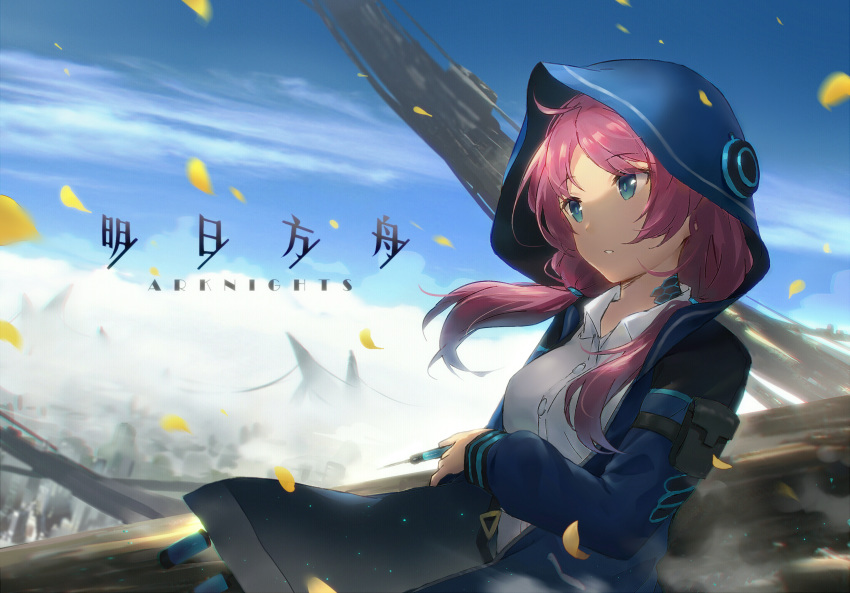 arknights banxuan_c2ka blue_eyes blue_jacket blue_poison_(arknights) blue_poison_(elite_ii)_(arknights) blue_sky breasts chinese_commentary cloud commentary_request copyright_name day female highres holding holding_syringe hood hooded_jacket jacket long_hair long_sleeves low_twintails medium_breasts outdoors parted_lips petals pink_hair shirt sky solo syringe twintails upper_body white_shirt