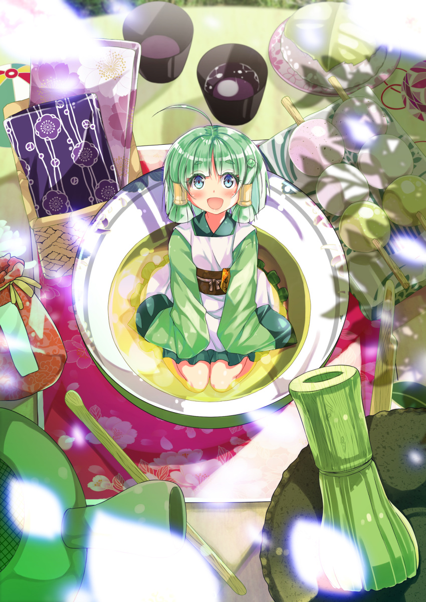 :d ahoge apron basket blue_eyes cafe-chan_to_break_time commentary_request cup dango female food green_hair green_kimono green_skirt green_tea highres in_container in_cup japanese_clothes kimono long_sleeves looking_at_viewer midori_(cafe-chan_to_break_time) obi open_mouth pleated_skirt porurin pouch sanshoku_dango sash sidelocks skirt sleeves_past_fingers sleeves_past_wrists smile solo tea teacup thick_eyebrows wagashi white_apron wide_sleeves