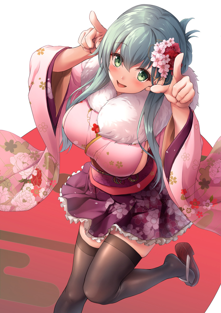 aqua_hair awa_yume blush breasts female floral_print flower from_above from_below green_eyes hair_between_eyes hair_flower hair_ornament highres japanese_clothes kantai_collection kimono large_breasts long_hair looking_at_viewer open_mouth pink_kimono purple_kimono sideboob sidelocks solo suzuya_(kancolle) thighhighs wide_sleeves