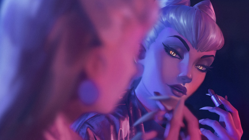 asymmetrical_bangs blurry blurry_foreground close-up cone_hair_bun cosmetics dark_background drop_earrings earrings evelynn_(league_of_legends) eyeshadow female fingernails glowing glowing_eyes hair_bun highres holding holding_lipstick_tube jewelry k/da_(league_of_legends) k/da_all_out_evelynn kudos3d league_of_legends lipstick_tube long_fingernails long_hair looking_at_mirror makeup mirror official_art purple_eyeshadow purple_lips purple_robe reflection robe second-party_source sharp_fingernails slit_pupils solo teeth upper_teeth_only white_hair white_nails yellow_eyes