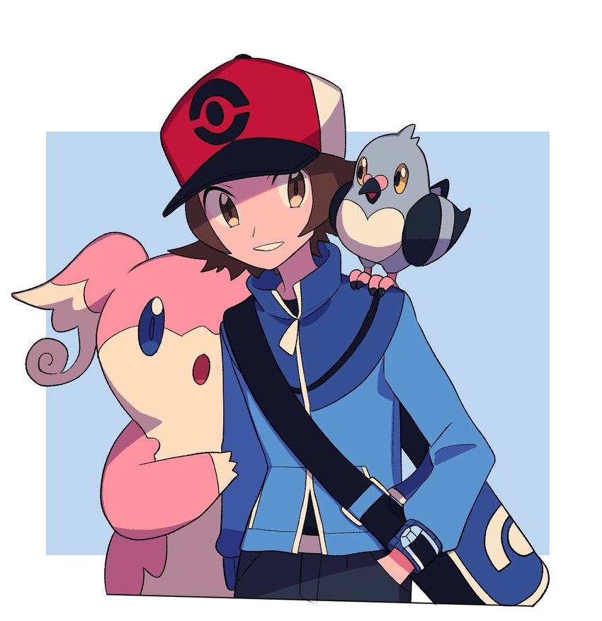 1boy audino bag baseball_cap belt_buckle bird black_pants black_shirt blue_jacket border brown_eyes brown_hair buckle commentary_request grey_background hand_in_pocket hat highres hilbert_(pokemon) jacket long_sleeves male_focus messenger_bag on_shoulder pants parted_lips pidove poke_ball_print pokemon pokemon_(creature) pokemon_bw pokemon_on_shoulder red_headwear shirt short_hair shoulder_bag smile tyako_089 white_border