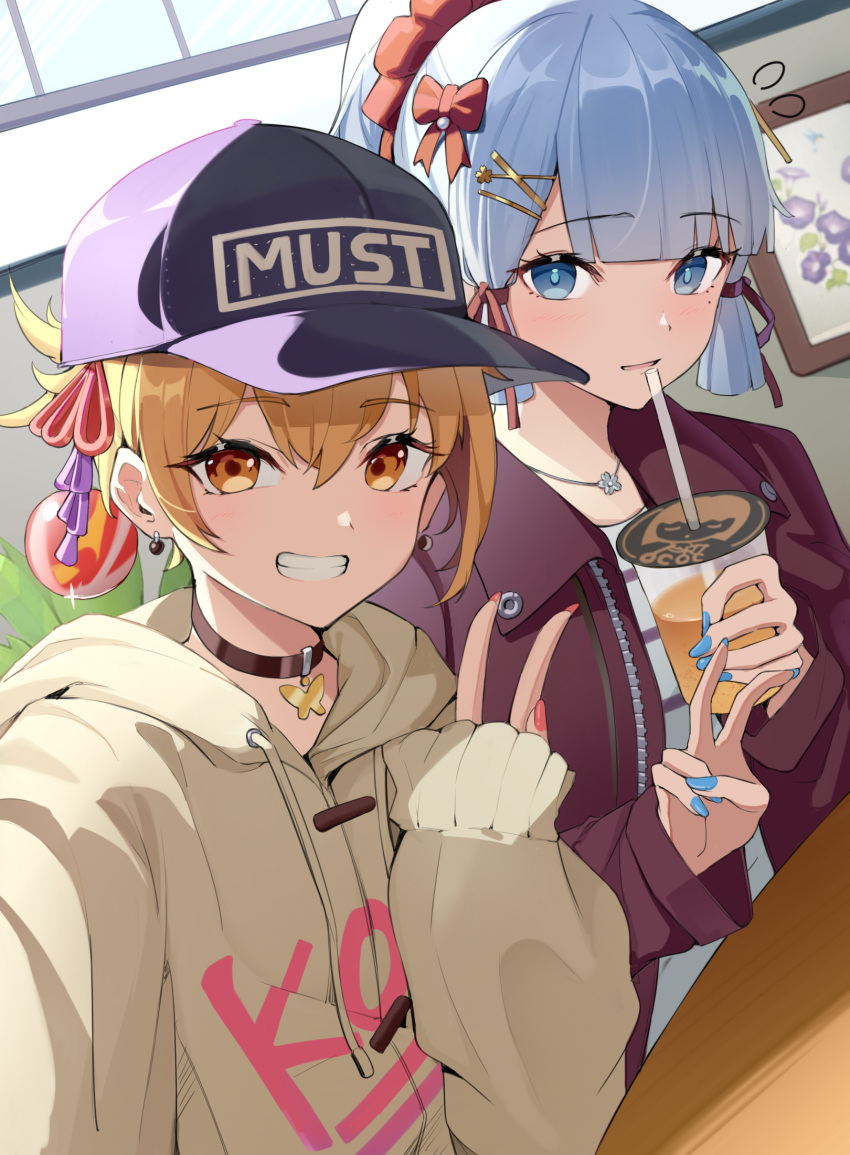 2girls alternate_costume amco baseball_cap blonde_hair blue_eyes blue_hair blue_nails blunt_bangs bow casual chinese_commentary choker commentary cup english_text genshin_impact hair_between_eyes hair_ornament hair_ribbon hair_up hairbow hat highres holding holding_cup hood hoodie jacket jewelry kamisato_ayaka long_hair looking_at_viewer multiple_girls necklace orange_nails parted_lips ponytail ribbon selfie shirt smile translated tress_ribbon upper_body v x_hair_ornament yellow_eyes yoimiya_(genshin_impact)