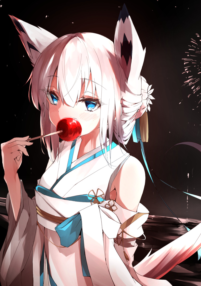 animal_ears apple azur_lane blue_eyes candy_apple crossed_bangs eating female food fox_ears fox_girl fruit highres japanese_clothes kawakaze_(azur_lane) kawakaze_(unsullied_white_fox)_(azur_lane) kimono looking_away obi official_alternate_costume ribbon-trimmed_clothes ribbon_trim ryou_(ryo_217cafe) sash standing tassel umbrella white_hair white_kimono white_umbrella wide_sleeves